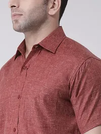 KHADIO Men's Linen O1 Half Shirt Brown-thumb4