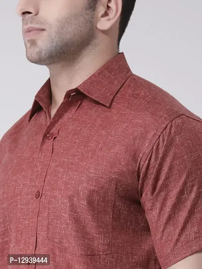 KHADIO Men's Linen O1 Half Shirt Brown-thumb5