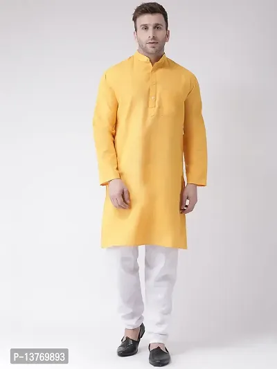 Reliable Yellow Cotton Solid Mid Length Kurta For Men