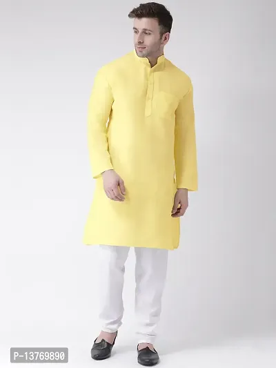 Reliable Yellow Cotton Solid Mid Length Kurta For Men