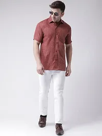KHADIO Men's Linen O1 Half Shirt Brown-thumb3