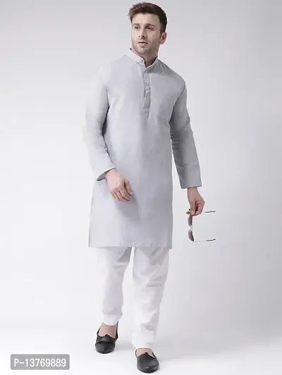 Reliable Grey Cotton Solid Mid Length Kurta For Men-thumb4