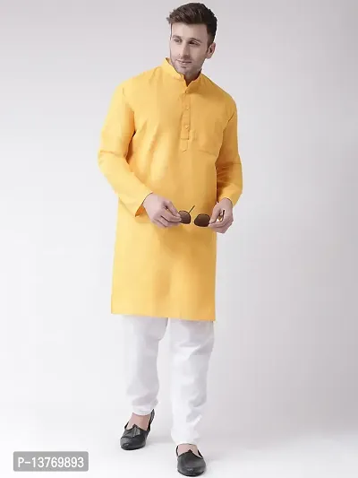 Reliable Yellow Cotton Solid Mid Length Kurta For Men-thumb4