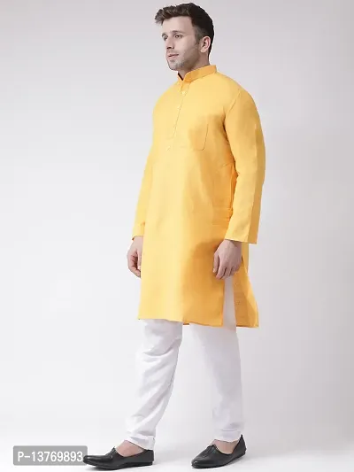 Reliable Yellow Cotton Solid Mid Length Kurta For Men-thumb2