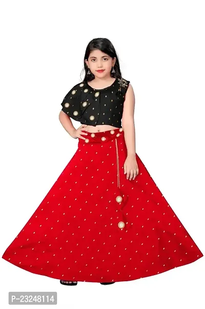 Rose Love Girl's Tafeta Silk Jacquard Butti  Mirror Work Sleeveless Readymade Lehenga Choli (5-6 Years) (Black  Red)-thumb3