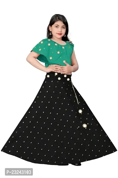 Rose Love Girl's Tafeta Silk Jacquard Butti  Mirror Work Sleeveless Readymade Lehenga Choli (13-14 Years) (Sea Green  Black)-thumb5