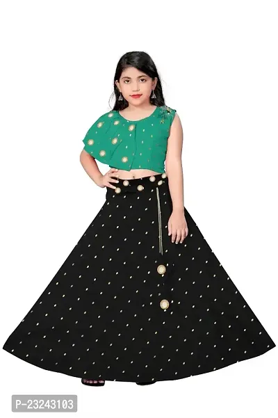 Rose Love Girl's Tafeta Silk Jacquard Butti  Mirror Work Sleeveless Readymade Lehenga Choli (13-14 Years) (Sea Green  Black)-thumb0