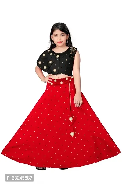 Rose Love Girl's Tafeta Silk Jacquard Butti  Mirror Work Sleeveless Readymade Lehenga Choli (15-16 Years) (Black  Red)