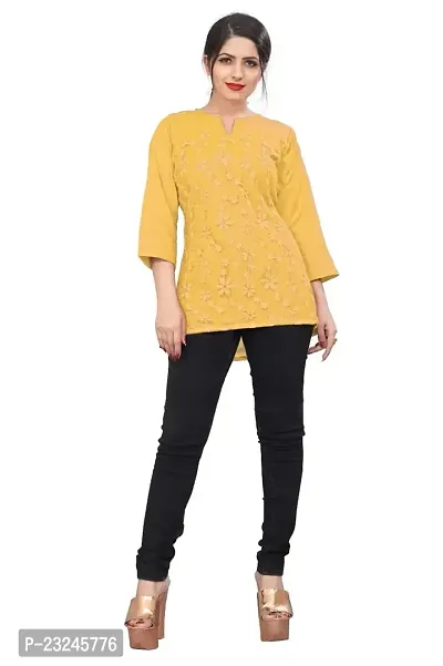 Rose Love Women's Printed Crepe 3/4 Sleeve Round Neck Western Style LightWeight Brethable Top(TP-32_Yellow)