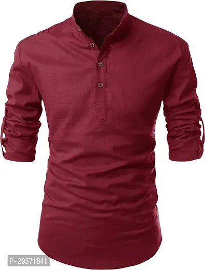 Stylish Maroon Cotton Blend Solid Short Length Kurta For Men-thumb0