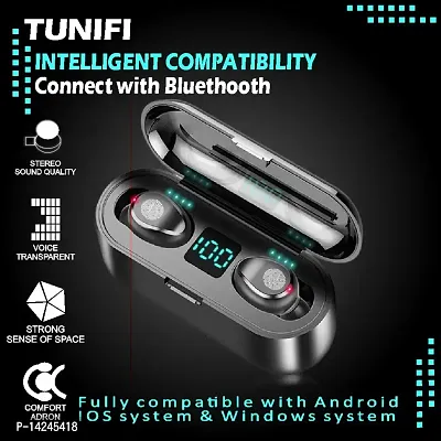 TUNIFI Earbuds F9 Black  TWS With Power Bank upto 48 Hours playback Wireless Bluetooth Headphones Airpods ipod buds bluetooth Headset