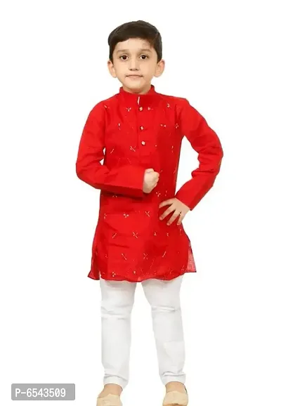 Elegant Red Khadi Cotton Embroidered Kurta with Pyjamas Set For Boys