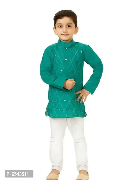 Elegant Green Khadi Cotton Embroidered Kurta with Pyjamas Set For Boys