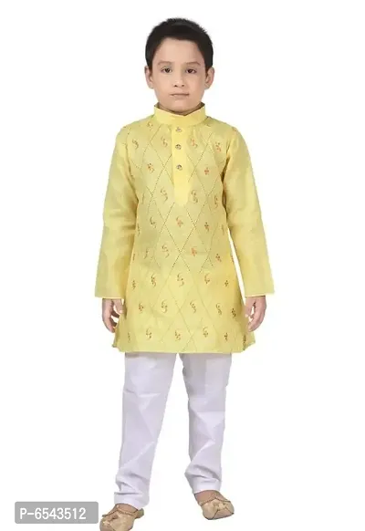 Elegant Yellow Khadi Cotton Embroidered Kurta with Pyjamas Set For Boys