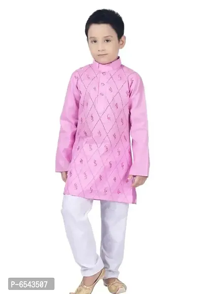 Elegant Pink Khadi Cotton Embroidered Kurta with Pyjamas Set For Boys