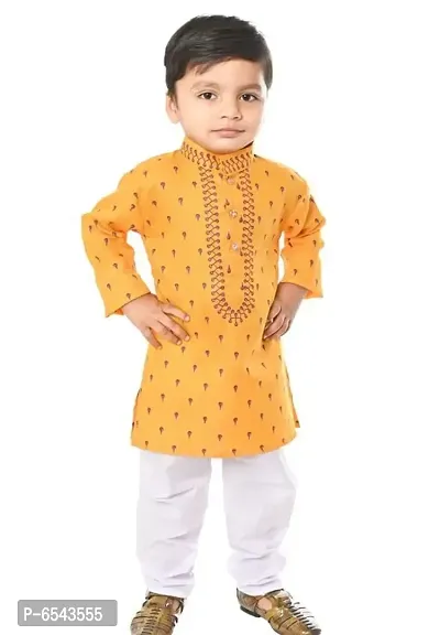 Stylish Yellow Cotton Printed Kurta with Pyjama Set For Boys