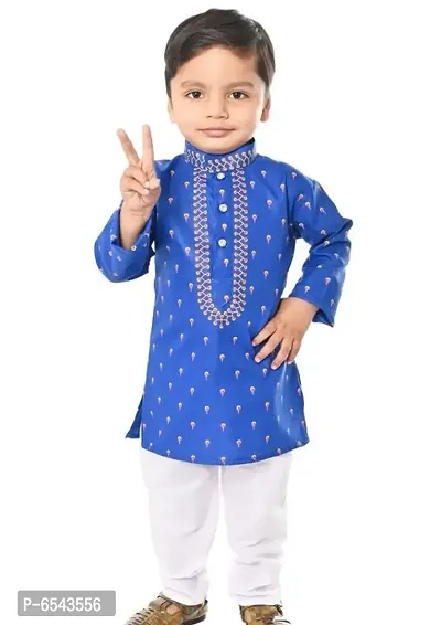 Stylish Blue Cotton Printed Kurta with Pyjama Set For Boys