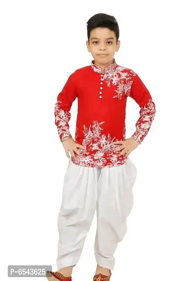 Stylish Red Cotton Printed Kurta with Bottom For Boys