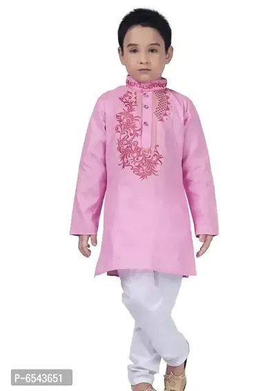 Stylish Pink Cotton Embroidered Kurta with Pyjamas Set For Boys