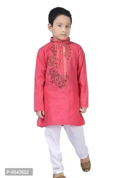 Stylish Pink Cotton Embroidered Kurta with Pyjamas Set For Boys