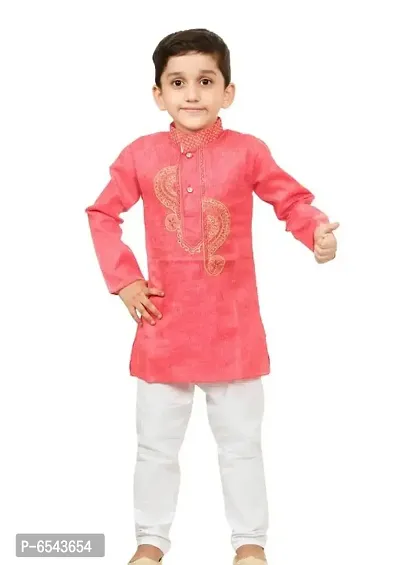 Stylish Pink Khadi Cotton Embroidered Kurta with Pyjamas Set For Boys