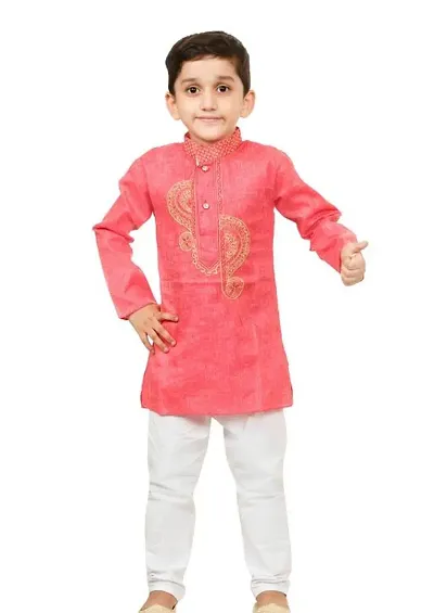 Elegant Khadi Embroidered Kurta with Pyjamas Set For Boys