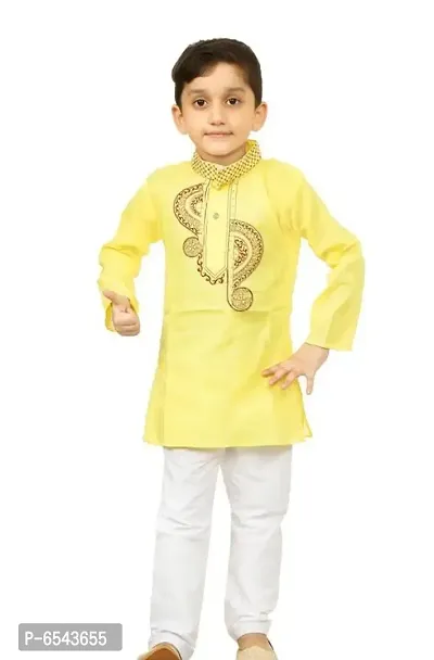 Stylish Yellow Khadi Cotton Embroidered Kurta with Pyjamas Set For Boys