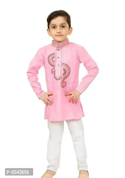 Stylish Pink Cotton Embroidered Kurta with Pyjamas Set For Boys