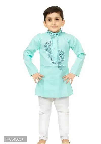 Stylish Turquoise  Khadi Cotton Embroidered Kurta with Pyjamas Set For Boys