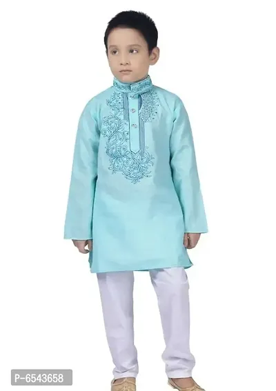 Stylish Turquoise Cotton Embroidered Kurta with Pyjamas Set For Boys