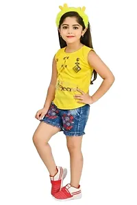 ALVION Girls Viscose and Denim Regular Fit Embroidery Hot Pants with Top Set-thumb2