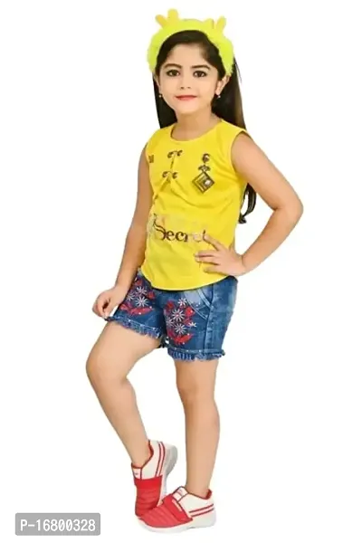 ALVION Girls Viscose and Denim Regular Fit Embroidery Hot Pants with Top Set-thumb3