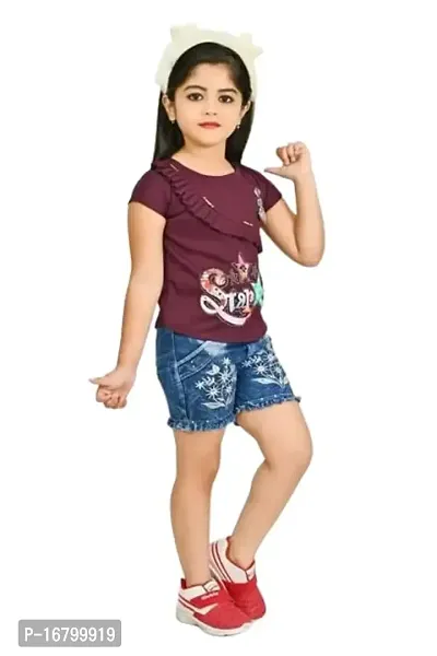 ALVION Girls Viscose and Denim Regular Fit Embroidery Hot Pants with Top Set-thumb4