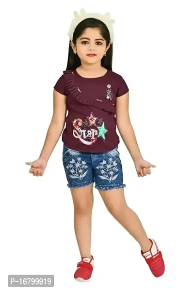 ALVION Girls Viscose and Denim Regular Fit Embroidery Hot Pants with Top Set
