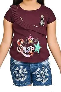 Girl and Boy Fashion Girls Viscose and Denim Regular Fit Embroidery Hot Pants with Top Set-thumb2