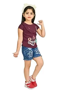 Girl and Boy Fashion Girls Viscose and Denim Regular Fit Embroidery Hot Pants with Top Set-thumb3