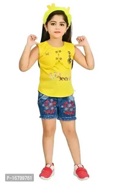 Girl and Boy Fashion Girls Viscose and Denim Regular Fit Embroidery Hot Pants with Top Set