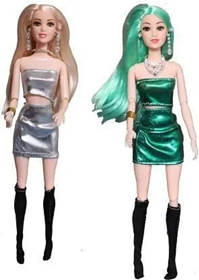 Pretty Slim and Shiny Cute Foldable And Movable Hands And Legs Doll Combo Set For Girls ( Pack Of 2 ,Color - Silver ,Green)