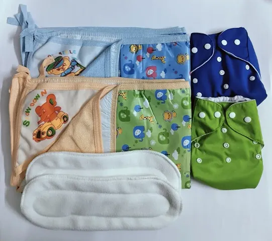Maalove Combo of Baby Bath Towel with Waterproof Mattress Protector Sheet Green Blue 2 units and Cloth Diapers with White Inserts Green Blue Pack of 2