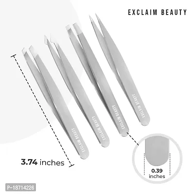 EXCLAIM BEAUTY Tweezers for Women  Men Pack of 4 Stainless Steel Tweezers Set, Precision Tweezers for Eyebrows Splinter Ingrown Hair Removal Tweezers Kit for Women with Leather Case ?euro;ldquo; Silver-thumb3