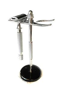 Razor and Stand, Long-handled Razor, Straight Cut, Chrome Precise Shaver with Safety Razor and Brush Stand Included-thumb2