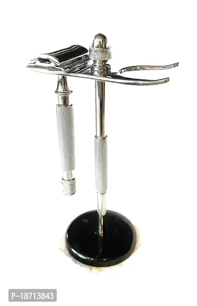Razor and Stand, Long-handled Razor, Straight Cut, Chrome Precise Shaver with Safety Razor and Brush Stand Included-thumb3