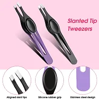 Chumia 5 Pieces Non-Slip Grip Tweezers Slanted Tip Stainless Steel Tweezer Wide Precision Tip Clip Tweezer for Ingrown Hair Eyebrow Shaping Splinter Blackhead Remover (Black Rubber Grip)-thumb2