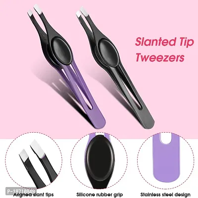 Chumia 5 Pieces Non-Slip Grip Tweezers Slanted Tip Stainless Steel Tweezer Wide Precision Tip Clip Tweezer for Ingrown Hair Eyebrow Shaping Splinter Blackhead Remover (Black Rubber Grip)-thumb3