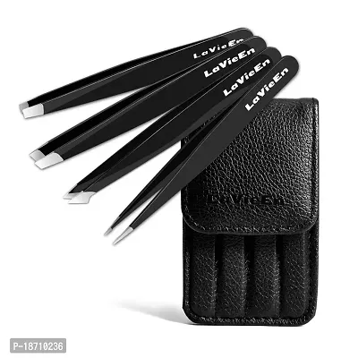 Precision Tweezers Set 4-Piece Professional Stainless Steel Tweezers, LaVieEn 4 Pack Tweezers Precision for Eyebrows, Splinter and Ingrown Hair Removal with Leather Travel Case (Black)