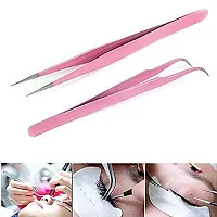 VNDEFUL 2 Pcs Pink Stainless Steel Tweezers for Eyelash Extensions-thumb2