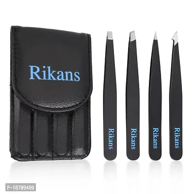 Rikans Precision Tweezers Set ? Pack of 4 Black Professional Tweezers ? Handy Carry Pouch ? Superior Stainless Steel Tweezer Set ? Splinters, Eyebrows, Facial or Ingrown Hair ? Blackheads Remover