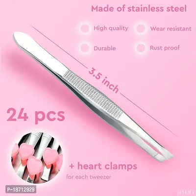 Stainless Steel Tweezers - 24 Pieces Slant Tip Tweezers Set - Precision Facial Hair Tweezers - Comfort Grip Long Silver Tweezers for Ingrown Hair - Professional Eyebrow Tweezers for Men and Women-thumb2