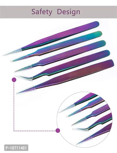 BELLARMOR Rainbow Stainless Steel Tweezers Kit Anti-Static Precision Tweezers Set For Eyelash Extension Facial Hair Eyebrows Nail Art, 5 PCS-thumb3