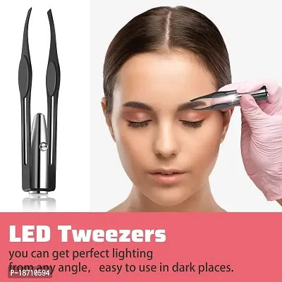 LED Tweezers 2 Pieces Lighted Tweezers Stainless Steel Tweezers with Light Professional Eyelash Eyebrow Tweezers Makeup Hair Removal Tools for Men Women Applications, Black, Red-thumb2